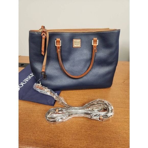 Dooney & Bourke Pebble Leather Willa Satchel Tote NAVY with crossbody strap and - Picture 1 of 10